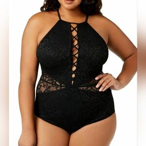 Black bodysuit with lace, elastic fabric, tight to the body